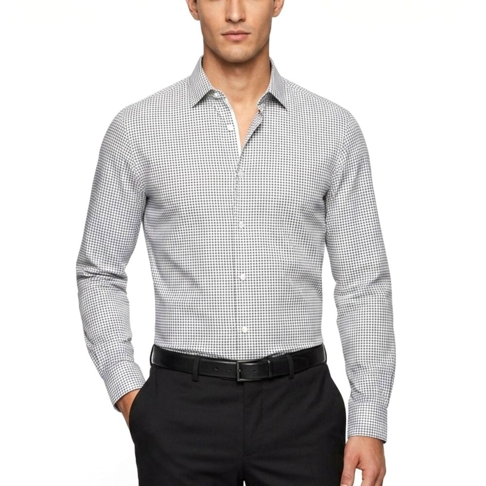 HUGO BOSS Dress Shirt Sharp Fit White/Blue Checkers Long Sleeve Men Size Large